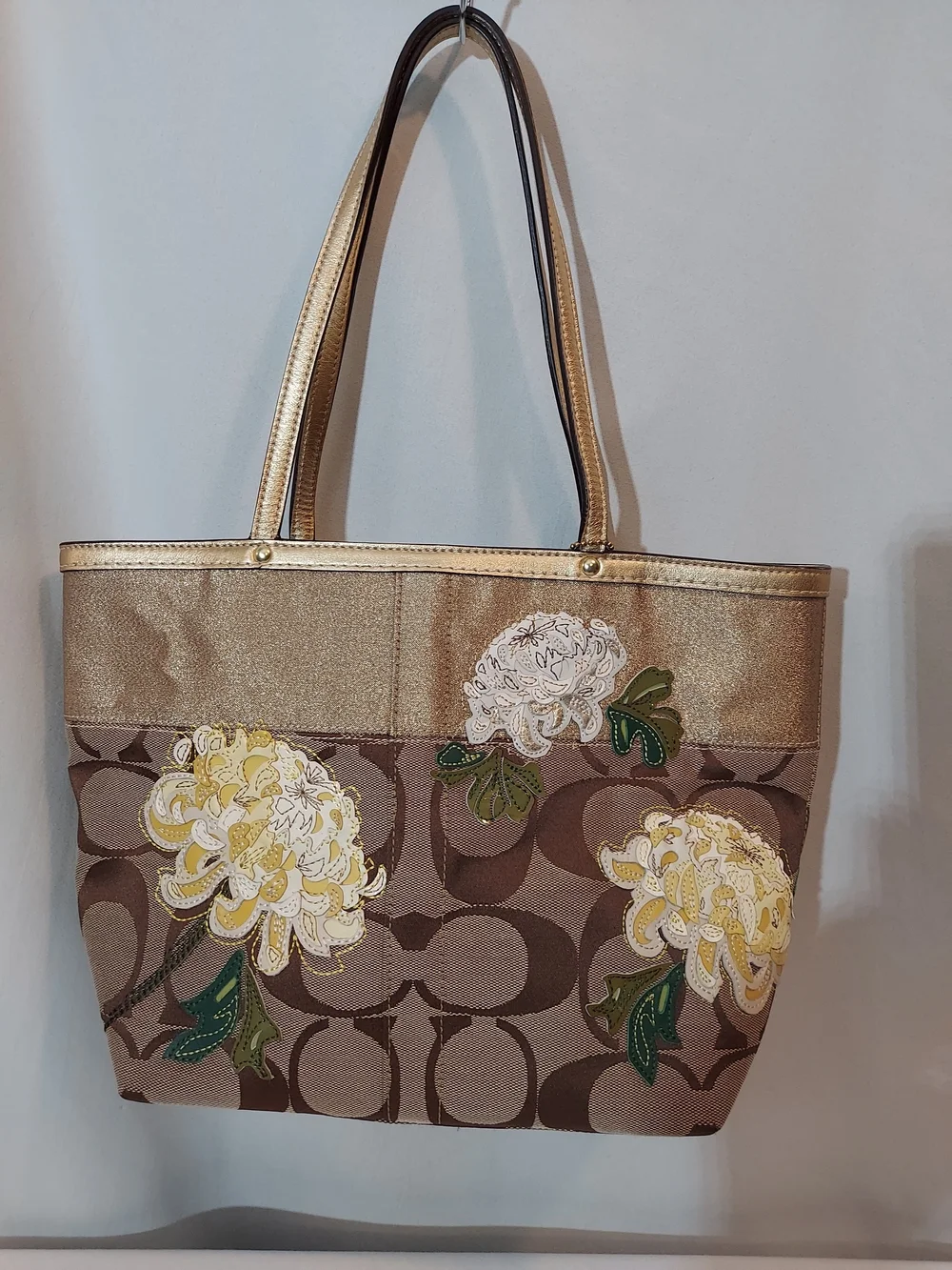 Coach Signature Stripe Floral Chrysanthemum Tote Gold Khaki Jacquard 12204